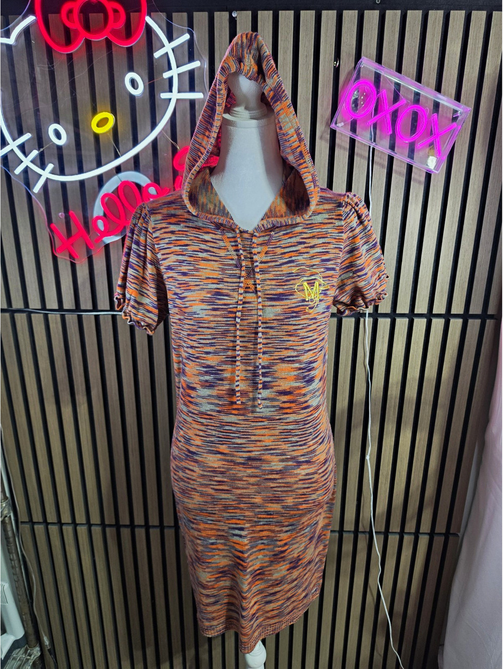 Mecca Femme Space Dye Knit Hoodie Sweater Dress L Short Sleeve Orange Purple